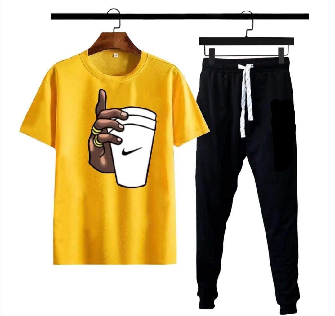 (Yellow ,Black) Hand cup Printed gym wear Half Sleeves O Neck Trouser &amp; Tshirt Tracksuit For Men highly recommended tracksuit for Boys